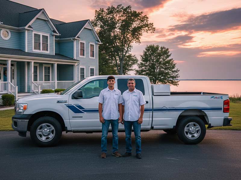 Fredy & Son standing beside their work truck in front of a waterfront home